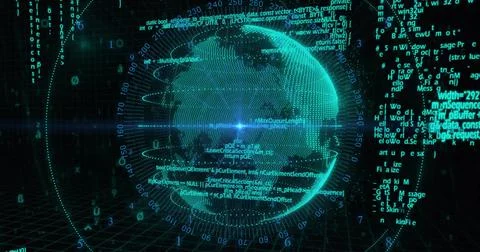 Data feed driving teal globe rotating in tech HUD, with orbit rings, pulsing Stock Illustration