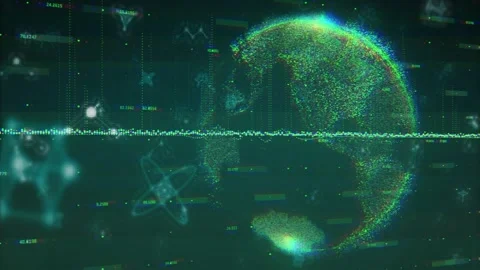 Data feed driving waveform, dots forming rotating globe, atom icons appearing, Stock Footage 329576040