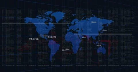 Data feed driving world map animating with numeric markers, sweeping bar, Stock Illustration