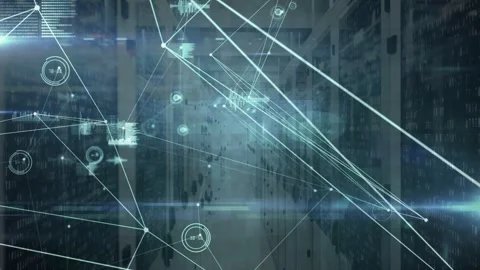 Data feed flowing while walkers passing corridor, HUD nodes and lines mapping Stock Footage 332625428