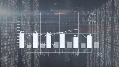 On data feed, holographic analytics panel starting, updating bars and lines, Video stock 329835941