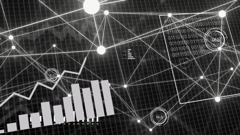 On data feed HUD animating, nodes expanding, bars rising, binary panel linking Stock Footage 335739773