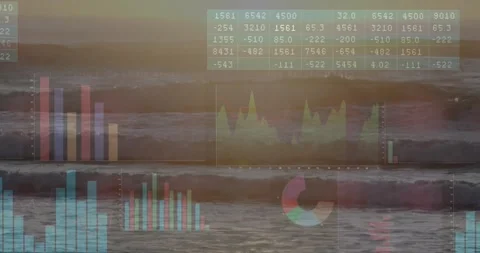 Data feed initiating and analytics overlays fading in over shore, showing Stock Footage 330577256