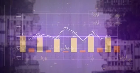 Data feed initiating chart, bars growing, white line plotting finance trends Stock Footage 330159759
