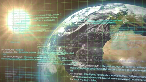 Data feed initiating, Earth rotating, code and grid expanding over globe, Stock Footage 332285448