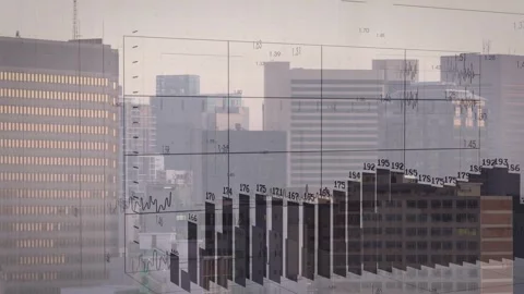 Data feed initiating overlay over skyline, grid appearing, bars growing into 3D Stock Footage 332772383