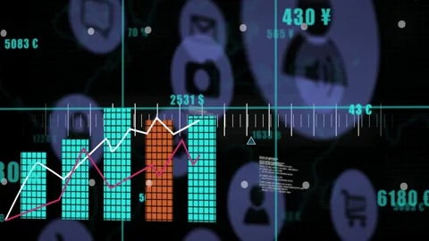 Data feed initiating, tiled bar chart building left to right, trend lines rising Stock Footage 329433662