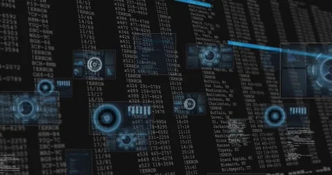 Data feed launching core display, scrolling columns and radar HUD widgets Stock Footage 331635267