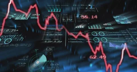 On data feed loading red jagged line moving across dashboard, peaking and Stock Illustration