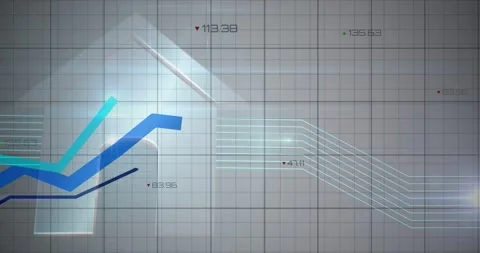 Data feed sending trend lines sweeping across grid, pale house icon anchoring Stock Footage 331161209