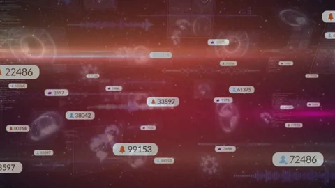 Data feed spawning badge cloud across light band, visualizing numeric counters Stock Footage 332704589