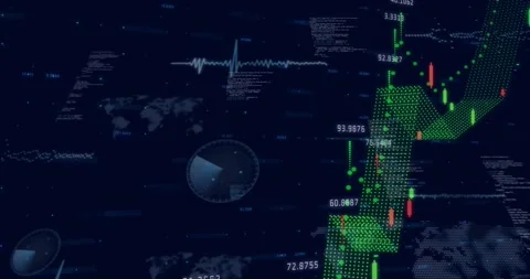 On data feed start green trendline rising with candles appearing labels updating Stock Footage 320916321