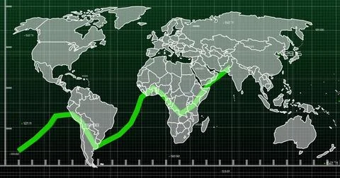 On data feed start neon-green zigzag line traveling across map for finance, Stock Illustration