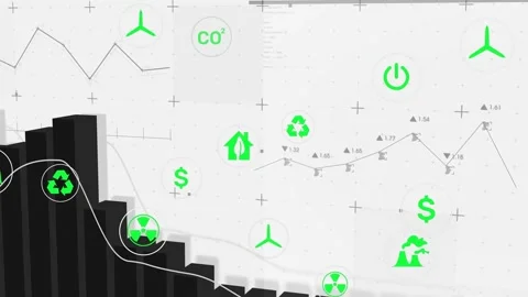 Data feed starting 3D bars growing, white trace linking green icons, showing Stock Footage 332936598