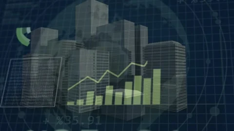 Data feed starting, 3D block cluster revealing analytics, percentages updating Stock Footage 335651864