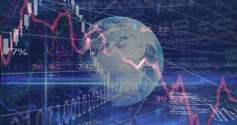 Data feed starting 3D globe rotating in trading hub, red line and candles Stock Footage 331570850
