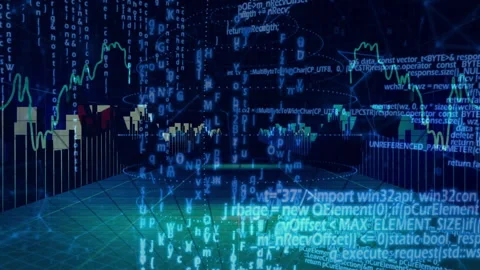 On data feed starting, 3D interface emitting rings and code flows demonstrating Stock Footage 309873194