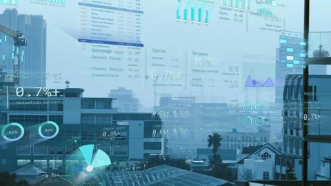 Data feed starting, analytics HUD sliding over skyline, panels updating showing Stock Footage 333735378