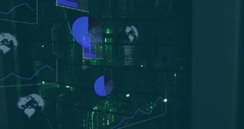 Data feed starting, blue charts appearing and expanding over server racks, Stock Footage 322204629