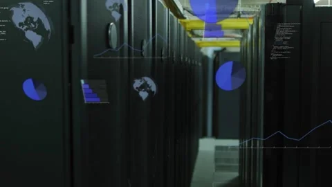 Data feed starting, centered server aisle layering with floating charts showing Stock Footage 332591871