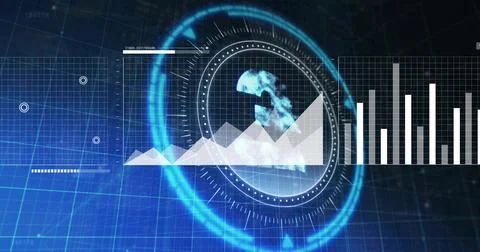 On data feed starting central holo reticle forming plume, charts animating for Stock Illustration