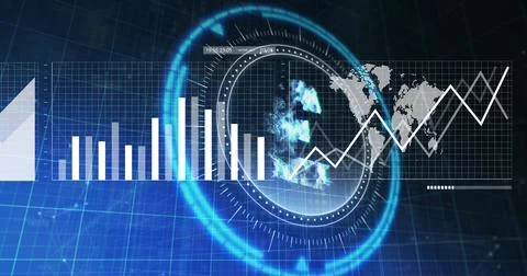 On data feed starting central holo reticle forming plume, charts animating for Stock Illustration