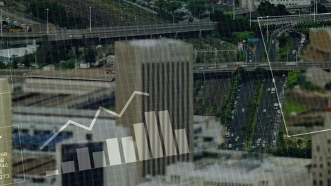 Data feed starting, central tower receiving data while HUD sliding, charts Stock Footage 332614097