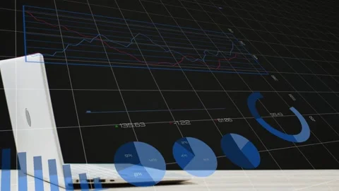 Data feed starting, charts animating over white laptop and dark grid, showing Stock Footage 335739551