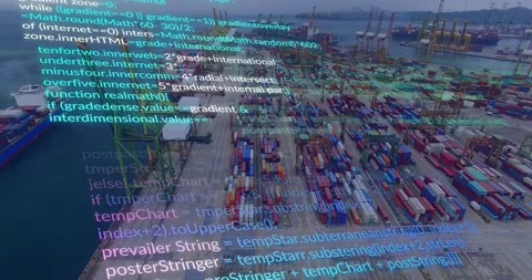 Data feed starting code overlay, scrolling while drone gliding over container Stock Footage 328396721