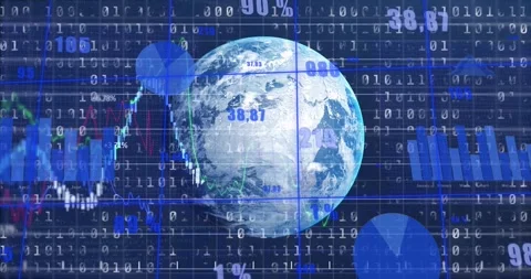 Data feed starting, Earth globe rotating while charts sweeping and labels Stock Footage 331160854