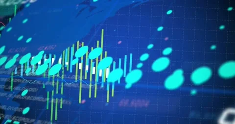 Data feed starting finance chart, teal markers flowing, green white bars rising, Vidéo 331198027