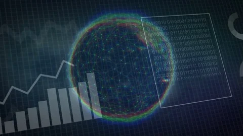Data feed starting glowing globe rotating while HUD panels sliding to show data Stock Footage 334202779