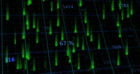 Data feed starting green binary streams cascading on teal grid as blue numbers Stock Footage 328307077