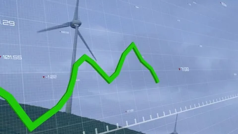 Data feed starting green line rising over hillside visualizing wind as camera Stock Footage 333904831