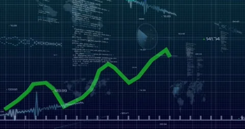 Data feed starting green zigzag line drawing right, rising, dipping, showing Stockbeeldmateriaal 321100361