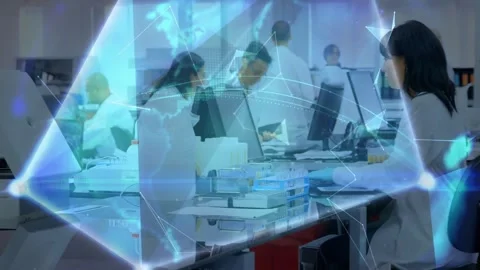 Data feed starting, lab staff working at bench while blue overlay forming globe, Stock Footage 331333483