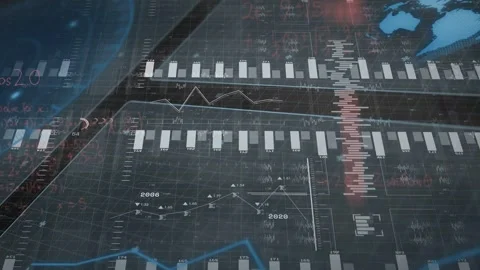 Data feed starting, layered charts expanding, camera panning, red curve rising Stock Footage 332613740
