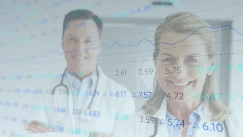 Data feed starting, lead doctor smiling and male doctor standing, charts Stock Footage 333004369