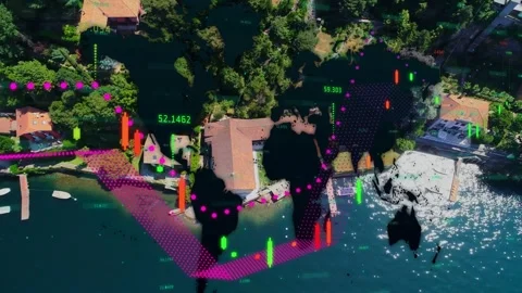 Data feed starting magenta route and candles sweeping along shoreline, mapping Stock Footage 334351715