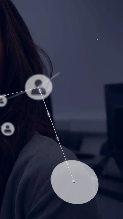 Data feed starting network woman smiling, network nodes overlaying face showing Stock Footage 332775957