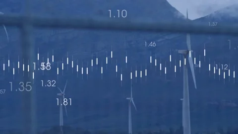 Data feed starting, orange line oscillating over white bars, turbines rotating, Stock Footage 334182866