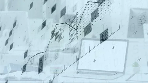 Data feed starting, overlay over laptop animating jagged line rising, tiles Stock Footage 335739674