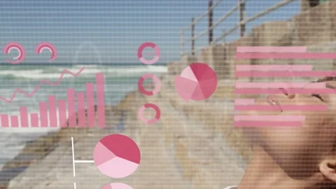 Data feed starting pink charts rising left to center, woman standing, eyes Stock Footage 333004403