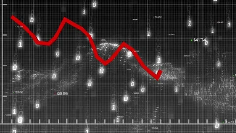 Data feed starting red jagged trend line redrawing across grid binary digits Stock Footage 330355178
