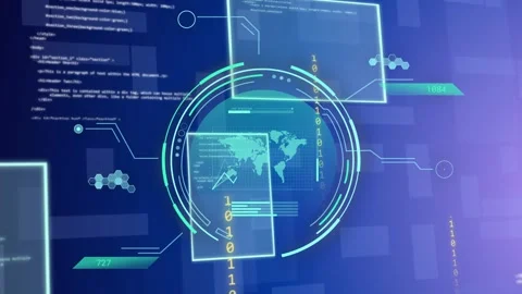 Data feed starting round HUD, panels sliding, 0 or 1 digits flowing, map chart Stock Footage 335740021