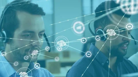 Data feed starting support agents speaking into headset, globe nodes expanding Stock Footage 332281509