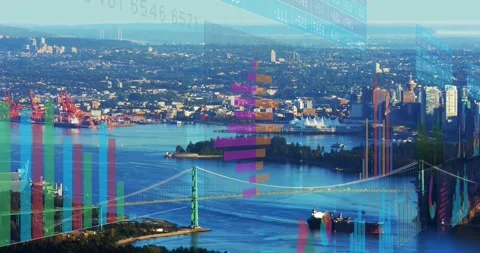 Data feed starting, vivid bars shifting over bay while cargo ship moving under Stock Footage 323118964