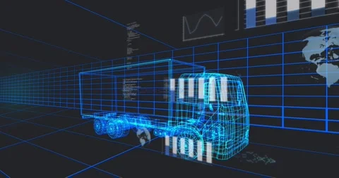 Data feed starting wireframe truck sitting in grid getting sliding bars orb code Stock Footage 330188449