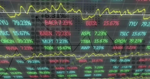 On data feed, ticker matrix shifting and updating in finance display, yellow Stock Footage 332285609