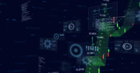 On data feed update, 3D green dotted chart rising, forming mesh, spawning bars, Stock Footage 320916325